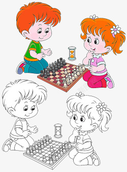 下国际象棋的男孩女孩卡通画素材
