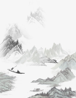 划船的人游玩在山水间的水墨画高清图片