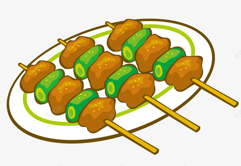 三串烤串矢量图ai免抠素材_88icon https://88icon.com 木签子 棕色的食物 白色托盘 绿色的蔬菜 绿色装饰 荤素搭配 食品 矢量图