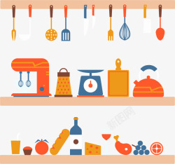 彩色架子上的厨具和食物素材