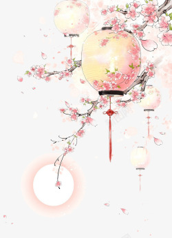 中国桃花水彩手绘古风桃树灯笼高清图片