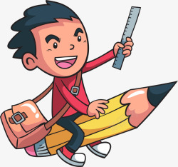 飞行的铅笔开学季骑着铅笔的小男孩高清图片