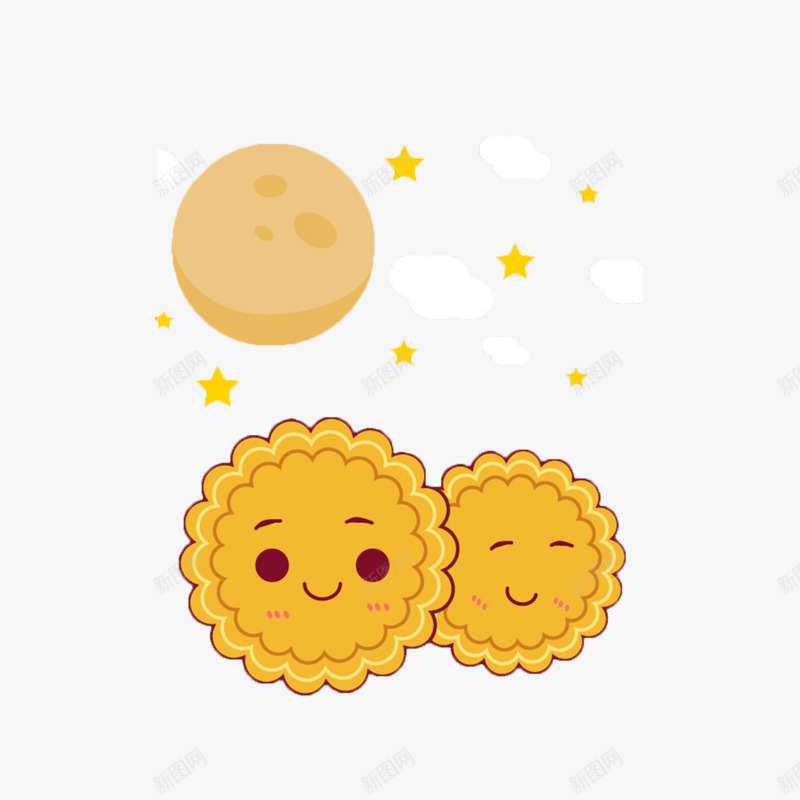 中秋月亮中秋月饼psd免抠素材_88icon https://88icon.com 中秋月 云朵 星星 月饼