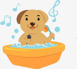 洗照泡沫澡盆里拿着话筒洗澡的小狗高清图片