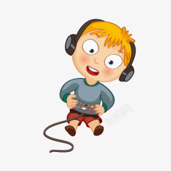 卡通手绘戴耳机玩游戏机男孩素材