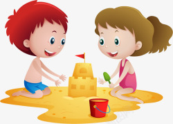 两个小女孩堆沙堡插画儿童节堆沙子的小朋友高清图片
