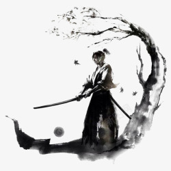 中国风水墨画树下的剑客素材