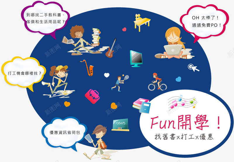 fun开学png免抠素材_88icon https://88icon.com 优惠 兼职 宣传标志 开学季 打工 找旧书 软件