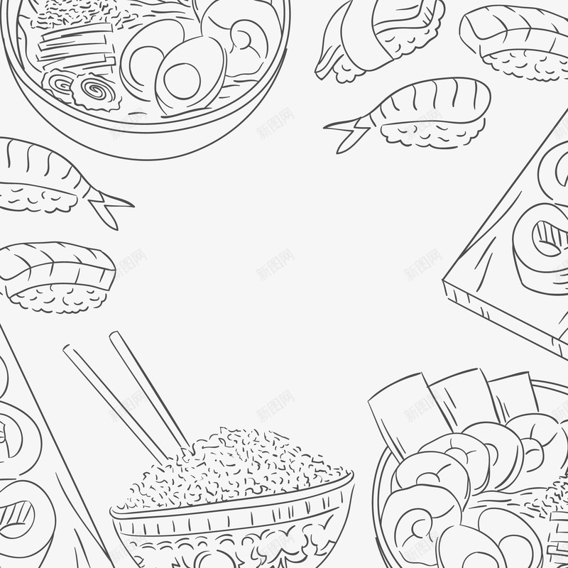 手绘东方美食插画矢量图ai免抠素材_88icon https://88icon.com 关东煮 刺身 寿司 插画 日本料理 米饭 食物 矢量图