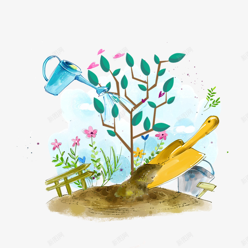 创意手绘植树插画psd免抠素材_88icon https://88icon.com 312植树节 公益海报 植树插画 浇水 环保海报 种植活动