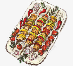 手绘卡通烤盘烤肉串素材
