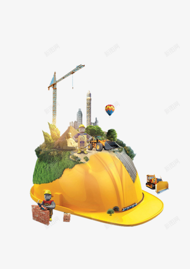安全创意元素png免抠素材_88icon https://88icon.com 创意元素 安全帽 帽子 建筑 高楼 黄色
