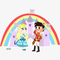 手绘插画王子和公主彩虹城堡素材
