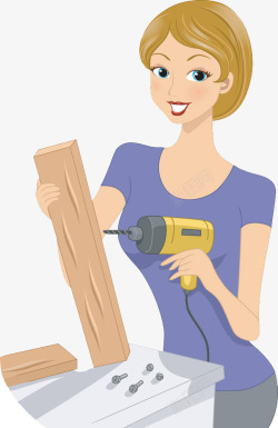 手绘装修工人手绘人物女孩电钻木板装修插图高清图片