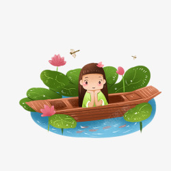 卡通手绘荷花池船上的女孩素材