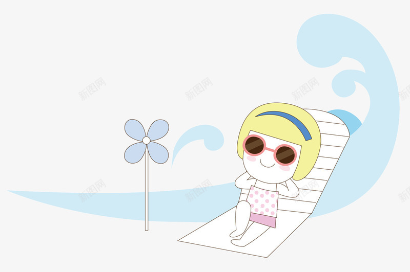 海边游玩的女生png免抠素材_88icon https://88icon.com 夏天 白色的躺椅 短发女生 蓝色的大海 风车 黄色头发
