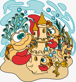 卡通海底螃蟹堆城堡素材