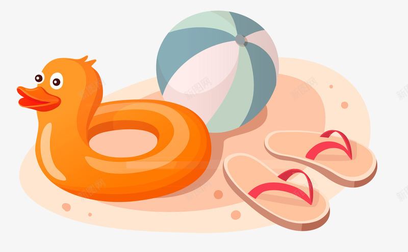沙滩上的排球小鸭玩具png免抠素材_88icon https://88icon.com 卡通 小鸭玩具 手绘 拖鞋 排球 沙滩