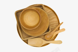 棕色木质纹理圆木盘和木碗木勺子素材