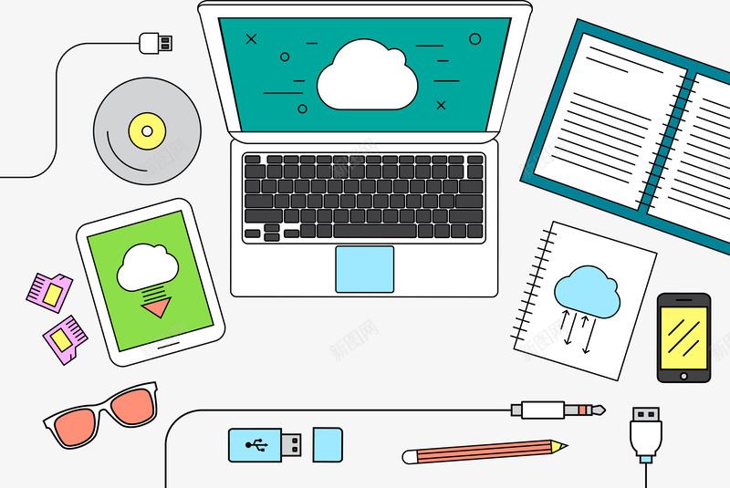 卡通桌面矢量图ai免抠素材_88icon https://88icon.com 书桌桌面 休闲娱乐 数据线 电脑 笔记本 矢量图