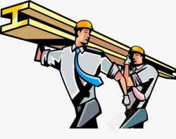 卡通建筑工人抬木板素材
