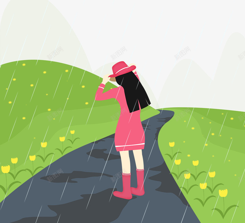 下雨天行走在路上的女孩psd免抠素材_88icon https://88icon.com 下雨天 女孩 帽子 红色衣服 花朵 草地 行走在路上的