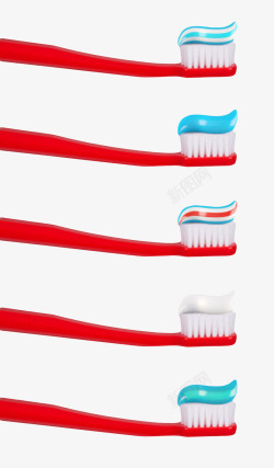 彩色牙膏三个挤了牙膏的红色牙刷实物高清图片
