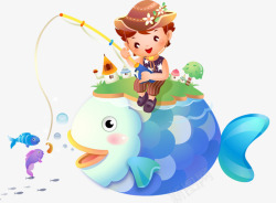 骑鱼钓鱼的卡通男孩素材