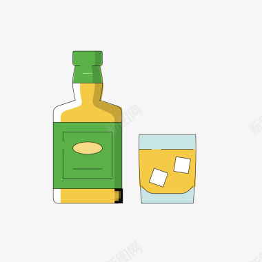 两瓶洋酒黄绿色威士忌手绘矢量图图标图标