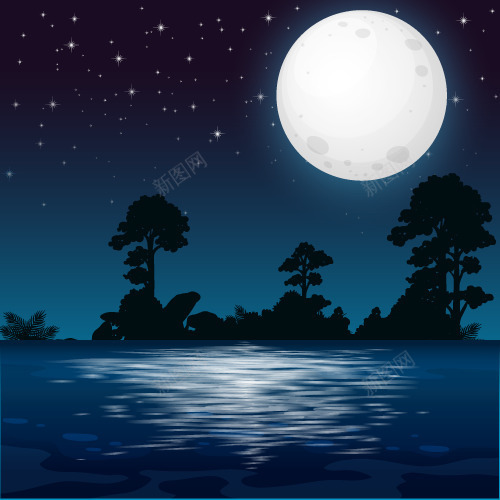 湖上的满月之夜矢量图ai免抠素材_88icon https://88icon.com 中秋 十五 圆月 满月 矢量图