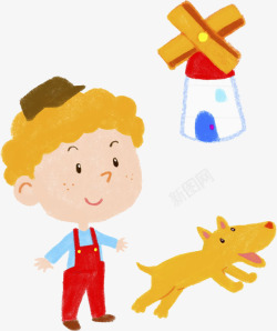 手绘可爱男孩和小狗素材