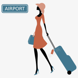 时尚插画戴帽子的女士拖着行李箱素材