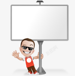 卡通手绘戴墨镜男孩站在广告牌矢量图素材