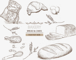 奶茶和牛角面包手绘烘培元素矢量图高清图片