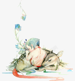 手绘小男孩和梅花鹿素材