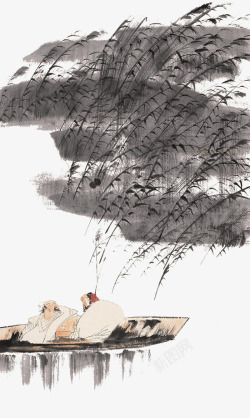 泼墨色彩行舟在芦苇荡中中国水墨画高清图片