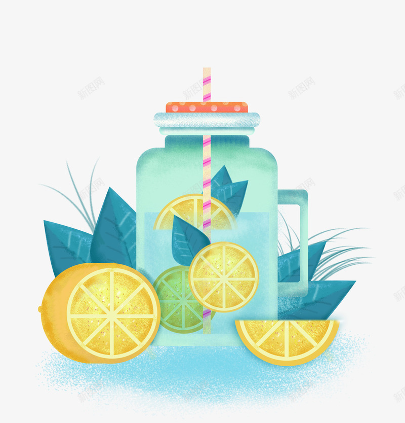 夏日饮料装饰png免抠素材_88icon https://88icon.com 手绘 柠檬 柠檬水 玻璃器皿