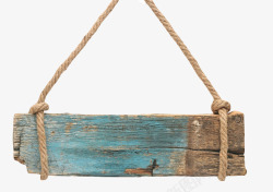 蓝色朽木用麻绳挂着的木板实物素材