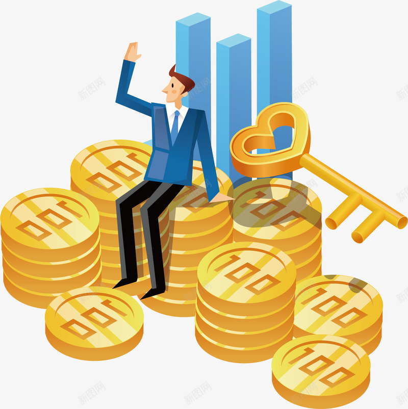 坐在金币上的人矢量图ai免抠素材_88icon https://88icon.com 楼房 金币 钥匙 矢量图