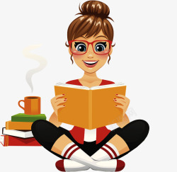 卡通女孩边看书边喝咖啡素材