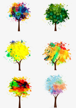 七彩色手绘卡通树矢量图素材