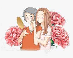 红色康乃馨手绘插画卡通手绘妈妈与女儿插画高清图片
