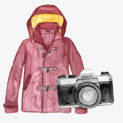 条码图案红色夹克和相机高清图片