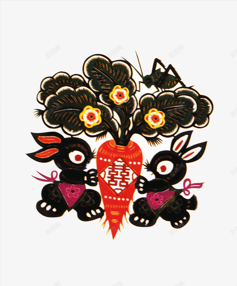 两个兔子抱萝卜png免抠素材_88icon https://88icon.com 兔子 创意 剪纸 双喜 吉祥寓意 喜字 红萝卜 象征 黑色