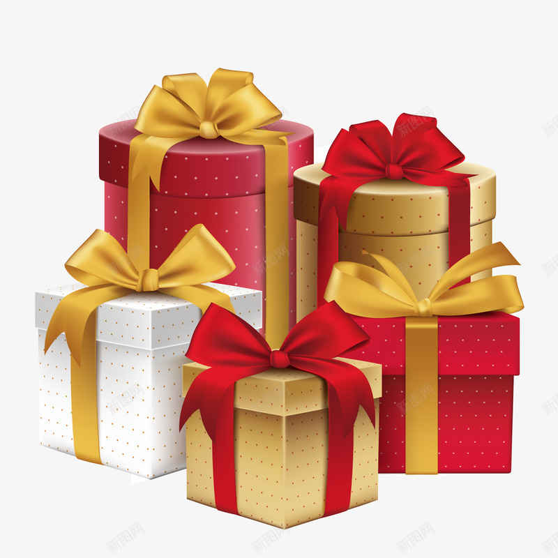 五个3D立体的礼物盒矢量图ai免抠素材_88icon https://88icon.com 生日 礼品 礼品盒 礼物 礼物盒 红色 节日 蝴蝶结 金色 矢量图