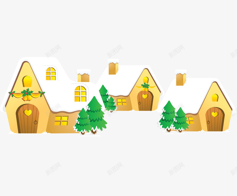 圣诞雪景下的房子png免抠素材_88icon https://88icon.com 卡通 圣诞节 房子 手绘 松树 灯火 绿色 雪景 黄色