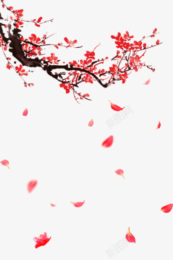 喜庆古风红色梅花和漂落的花瓣高清图片
