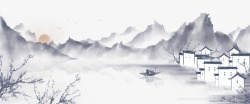 欧美建筑风中国风手绘水墨风景山水图案高清图片