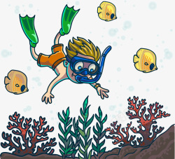 卡通可爱潜水者海底小鱼素材
