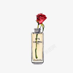 手绘香水瓶卡通手绘插在香水瓶里的玫瑰花素高清图片